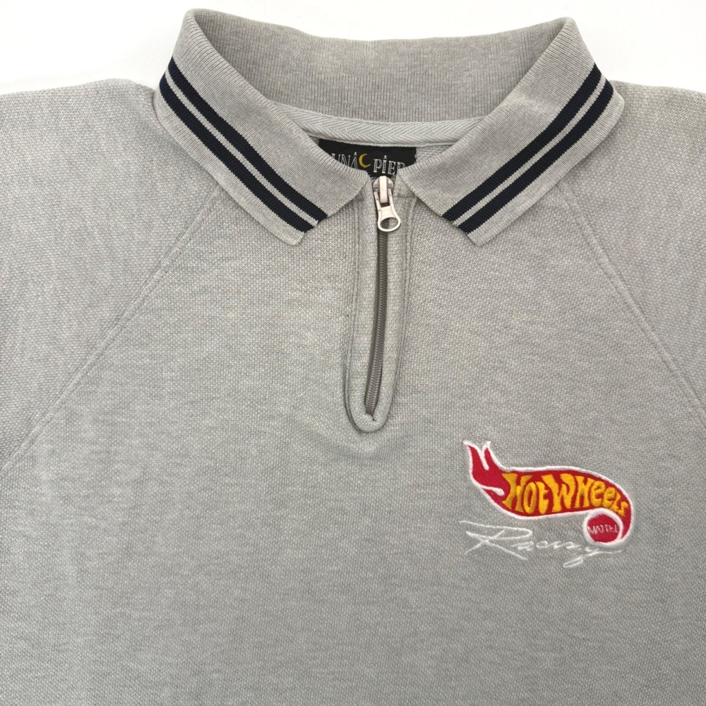 Luna Pier Polo Shirt Men L Gray Hot‎ Wheels Racing Quarter Zip Cotton Raglan